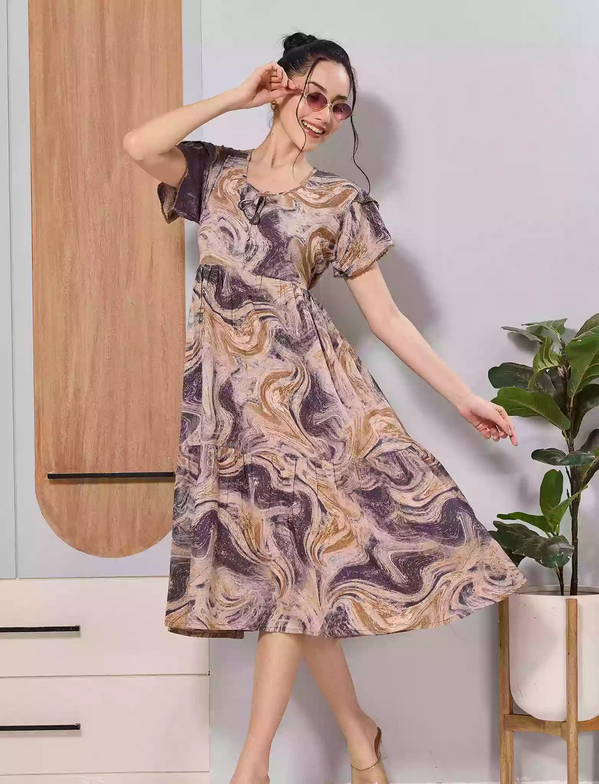 Beige Marble Print Zipless Rayon Maxi for Daily Wear - By Mangai Nighties 
