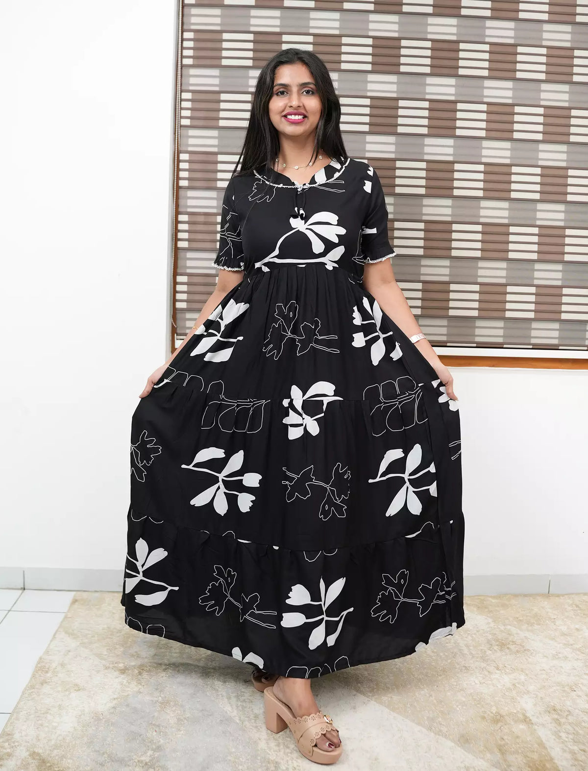 Black Rayon Long Frock Bow Neck & Tie Rope for Women - Mangai Nighties 