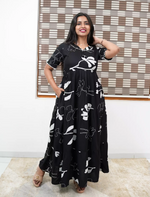 Black Beige Printed Long Frock with Bow Neck Side View - Mangai Nighties 