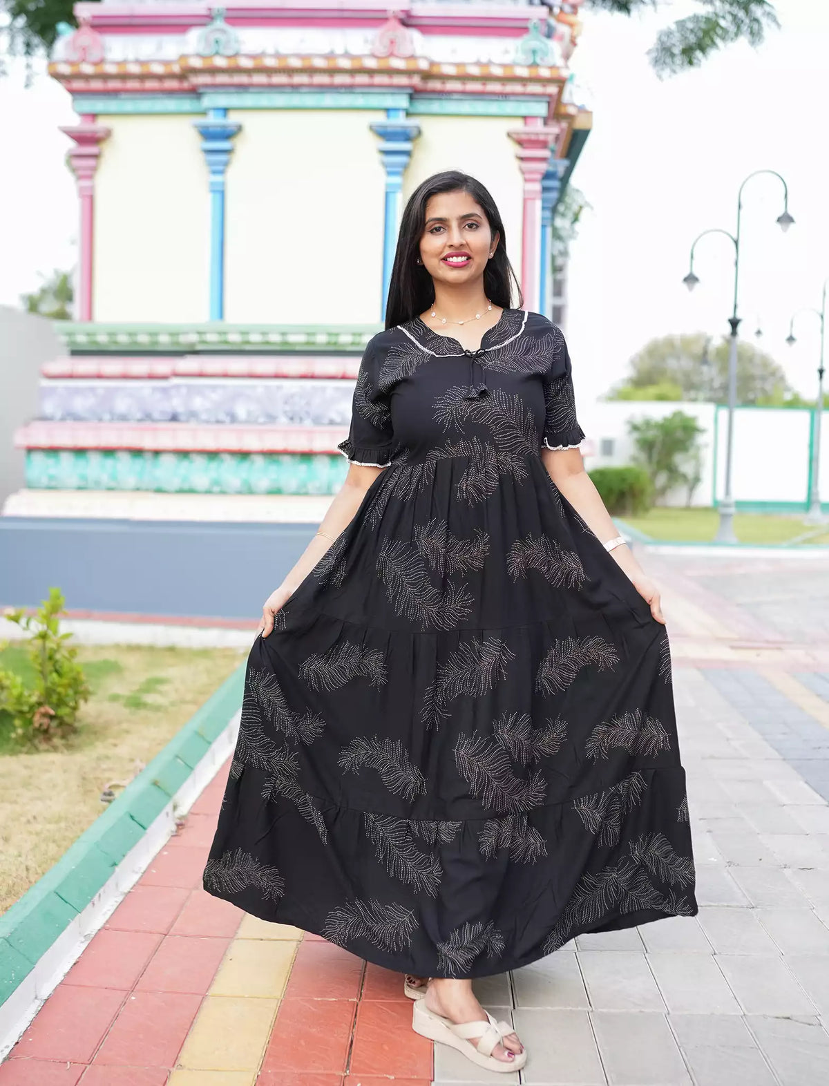 Black Rayon Long Frock Bow Neck & Tie Rope for Women - Mangai Nighties 