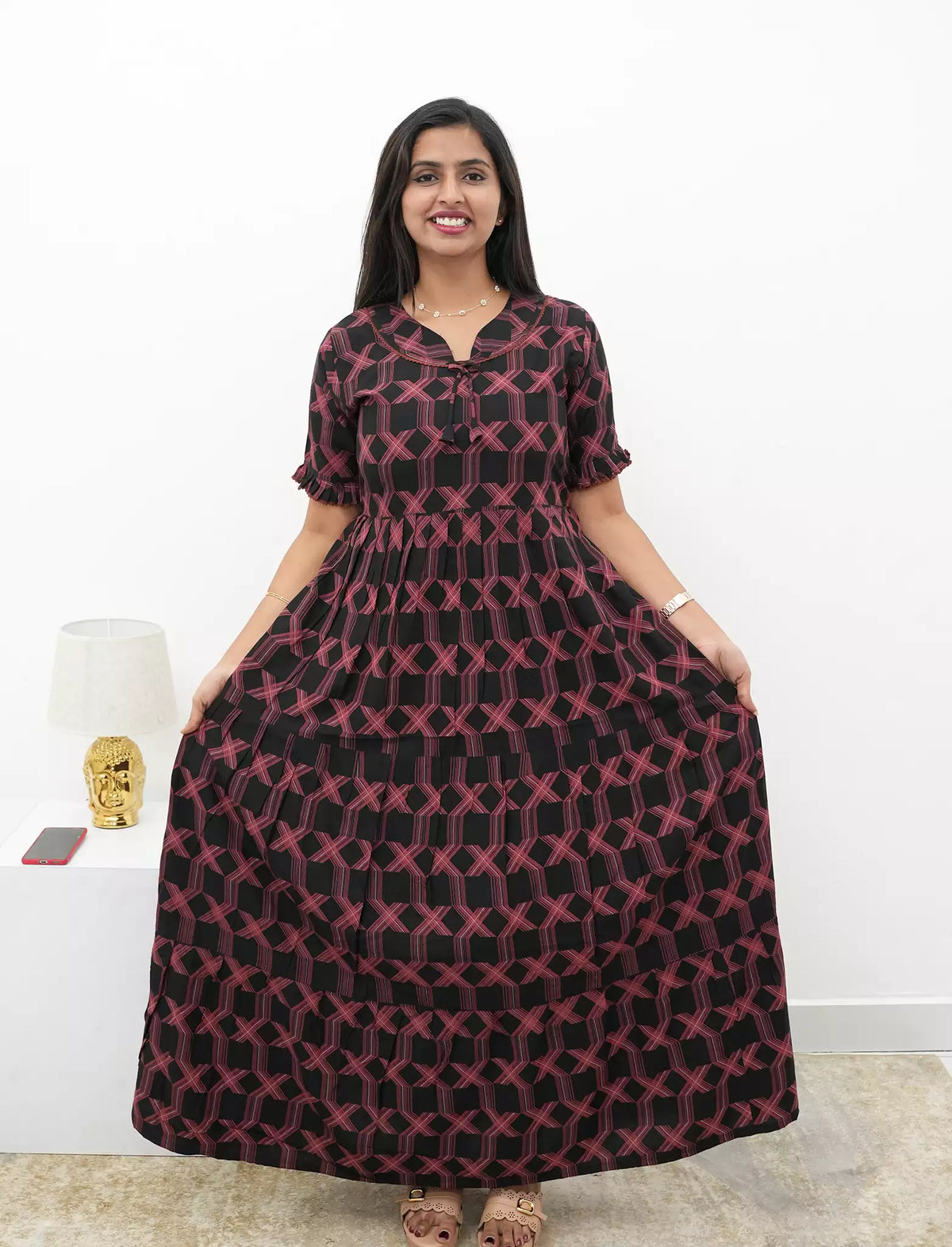 Maroon Rayon Long Frock Bow Neck & Tie Rope for Women - Mangai Nighties 