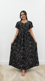 Rayon Abstract Print Long Frock with Pleated Sleeve| Mangai Nighties