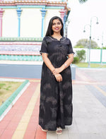 Casual Balck Printed Long Frock with Bow Neck Side View - Mangai Nighties 
