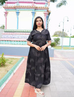 Black Beige Printed Long Frock with Bow Neck Side View - Mangai Nighties 