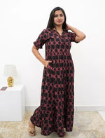 Casual Maroon Printed Long Frock with Bow Neck Side View - Mangai Nighties 
