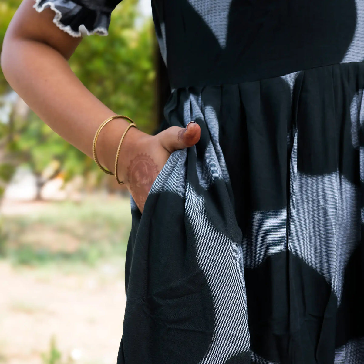 Black Floral Fancy Frock with Side Pocket - Mangai Nighties 