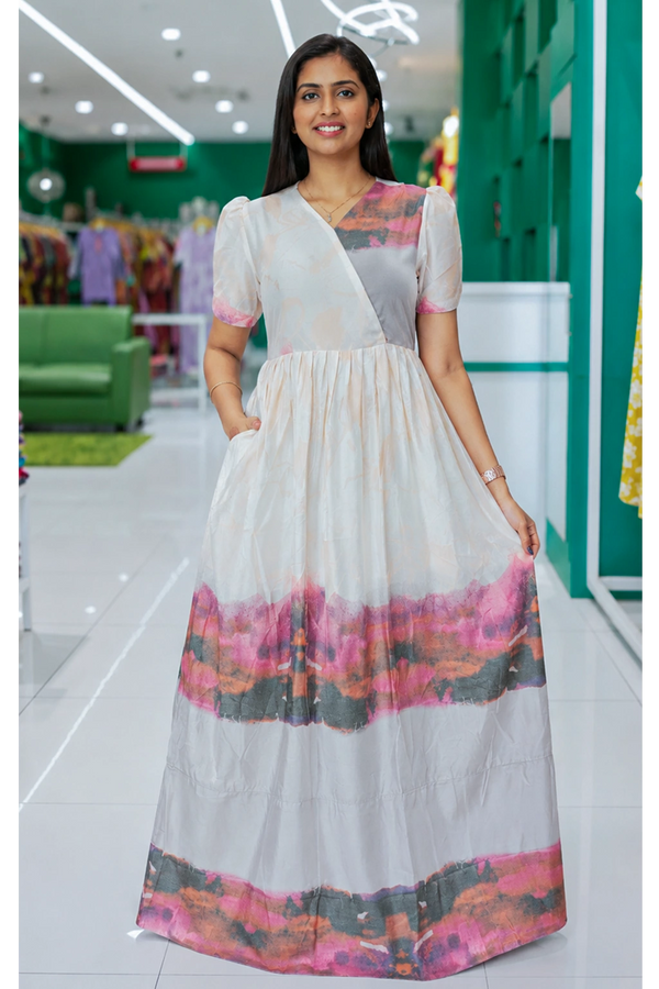 Rayon Sunset Abstract Print Long Frock with Puff Sleeve | Mangai Nighties
