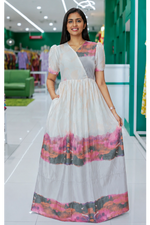 Rayon Sunset Abstract Print Long Frock with Puff Sleeve | Mangai Nighties
