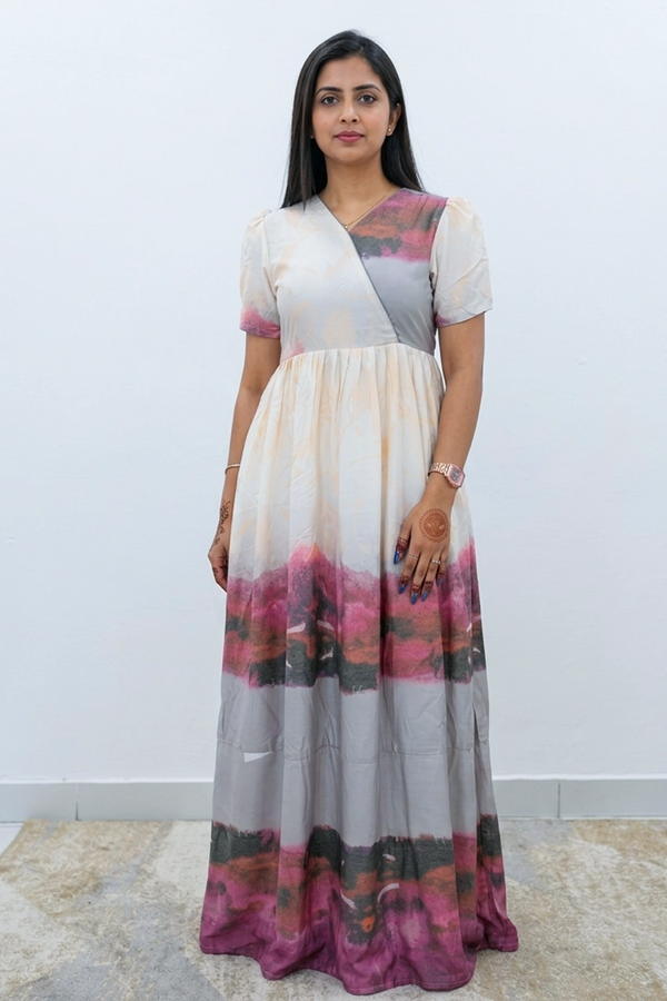 Rayon Sunset Abstract Print Long Frock with Puff Sleeve | Mangai Nighties