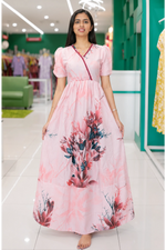 Cream Floral Rayon Long Frock with V Lace Neck, Pocket & Back Tie – Mangai Nighties