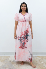 Cream Floral Rayon Long Frock with V Lace Neck, Pocket & Back Tie – Mangai Nighties
