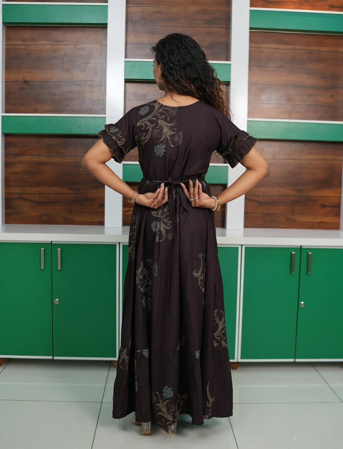 Dark Brown Rayon Maxi Frock Back Tie Rope Side Pocket - Mangai Nighties 