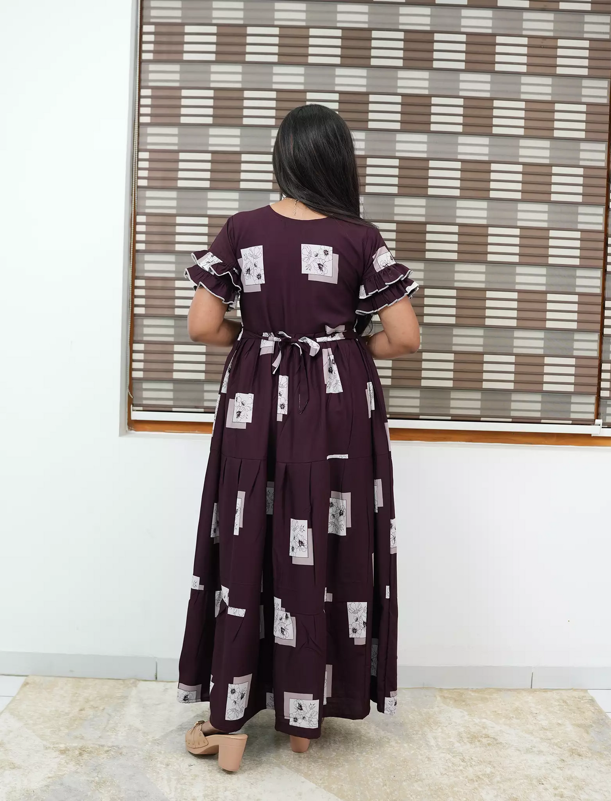 Brown Rayon Maxi Frock Back Tie Rope Side Pocket - Mangai Nighties 