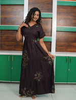 Casual Dark Brown Printed Long Frock with Butterfly Neck Flar View - Mangai Nighties 