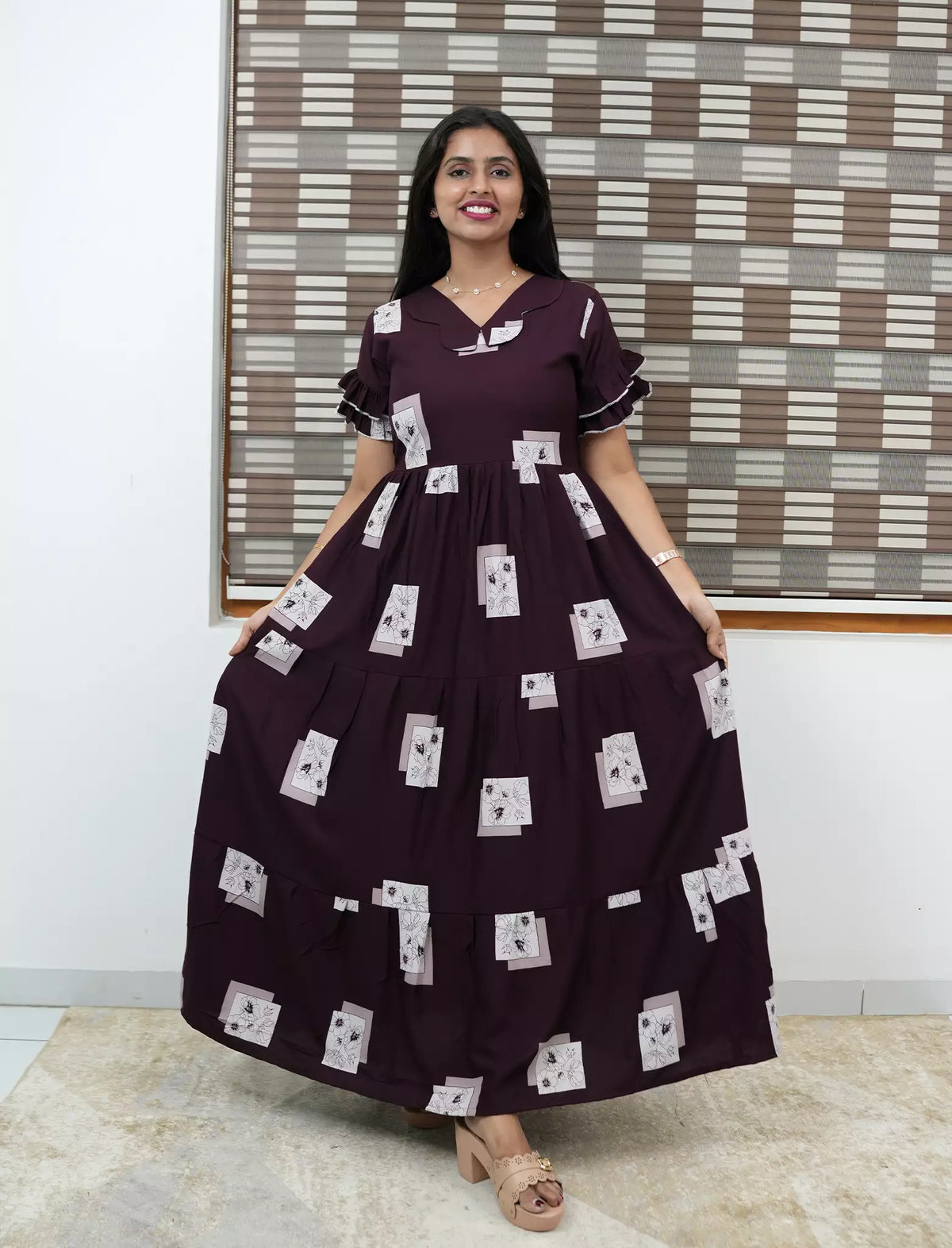 Brown Rayon Long Frock Butterfly Neck & Tie Rope for Women - Mangai Nighties 