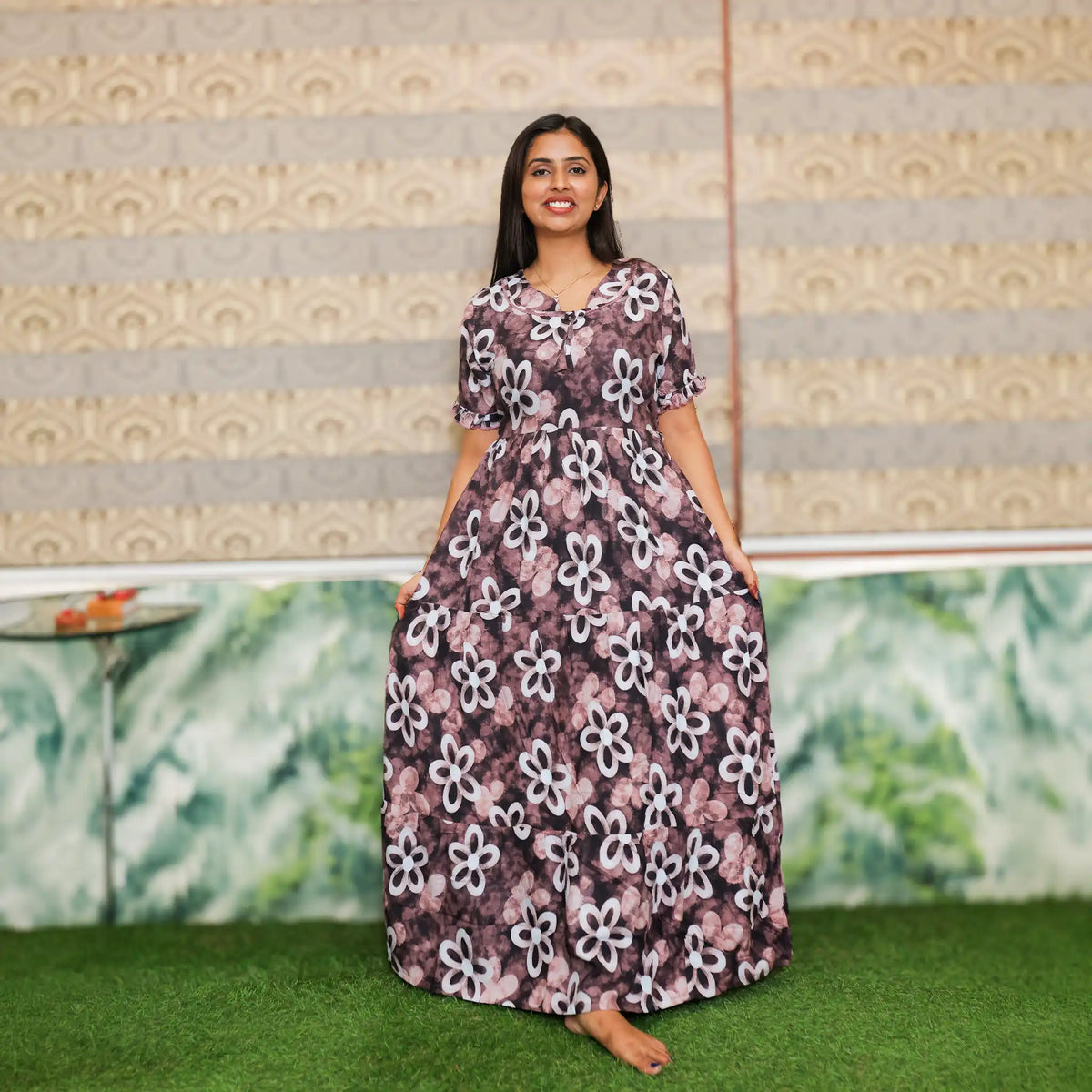 Rayon Floral Long Flared Frock - Mangai Nighties 