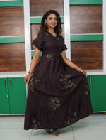 Dark Brown Rayon Long Frock Butterfly Neck & Tie Rope for Women - Mangai Nighties 