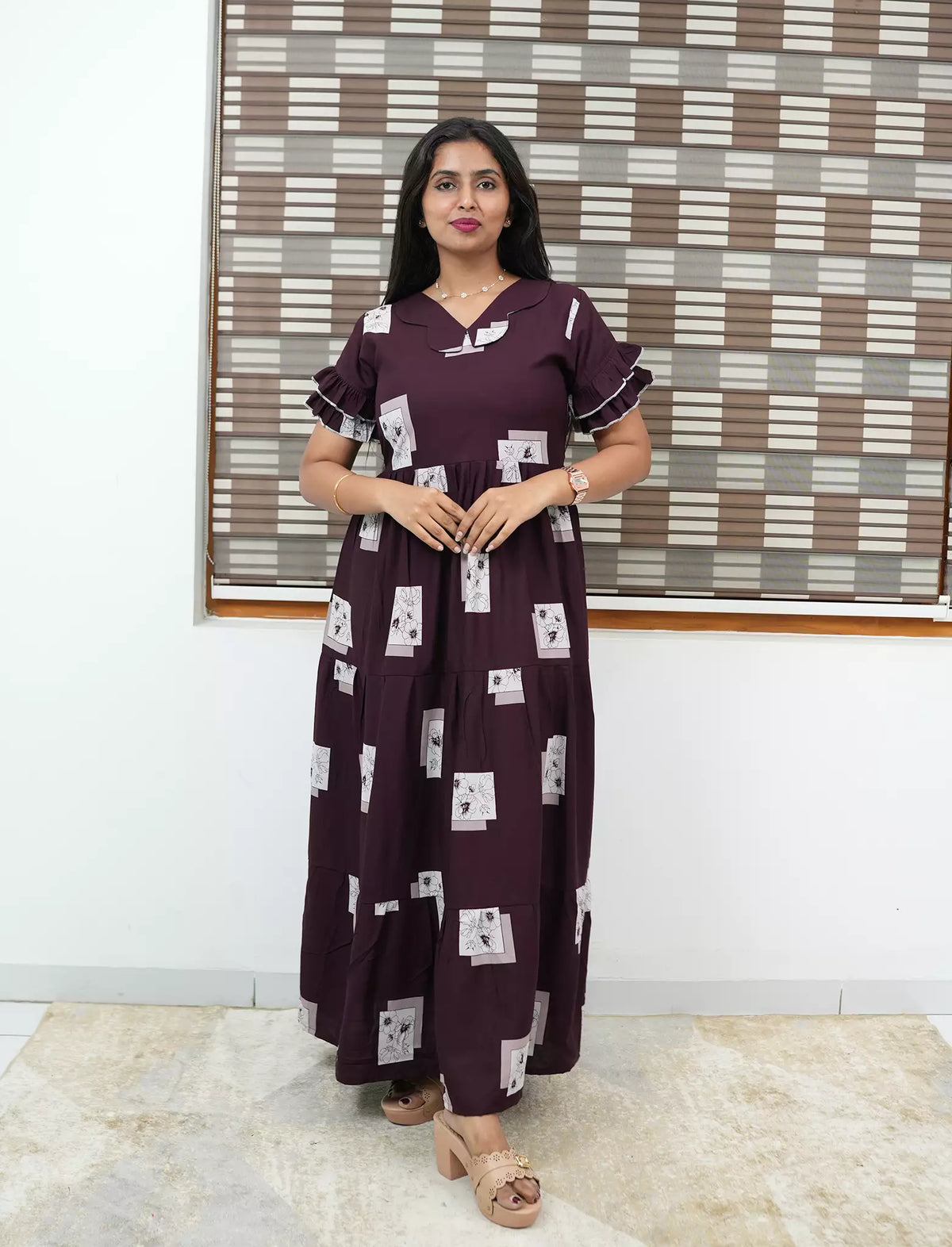 Casual Beige Printed Long Frock with Butterfly Neck Front View - Mangai Nighties 