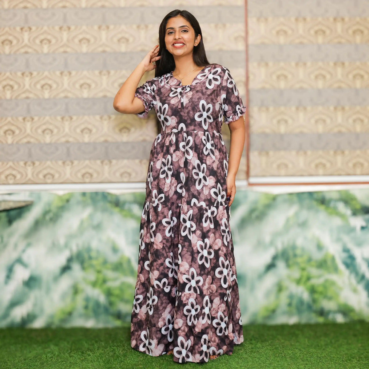 Brown Flared Long Frock Side view - Mangai Nighties 