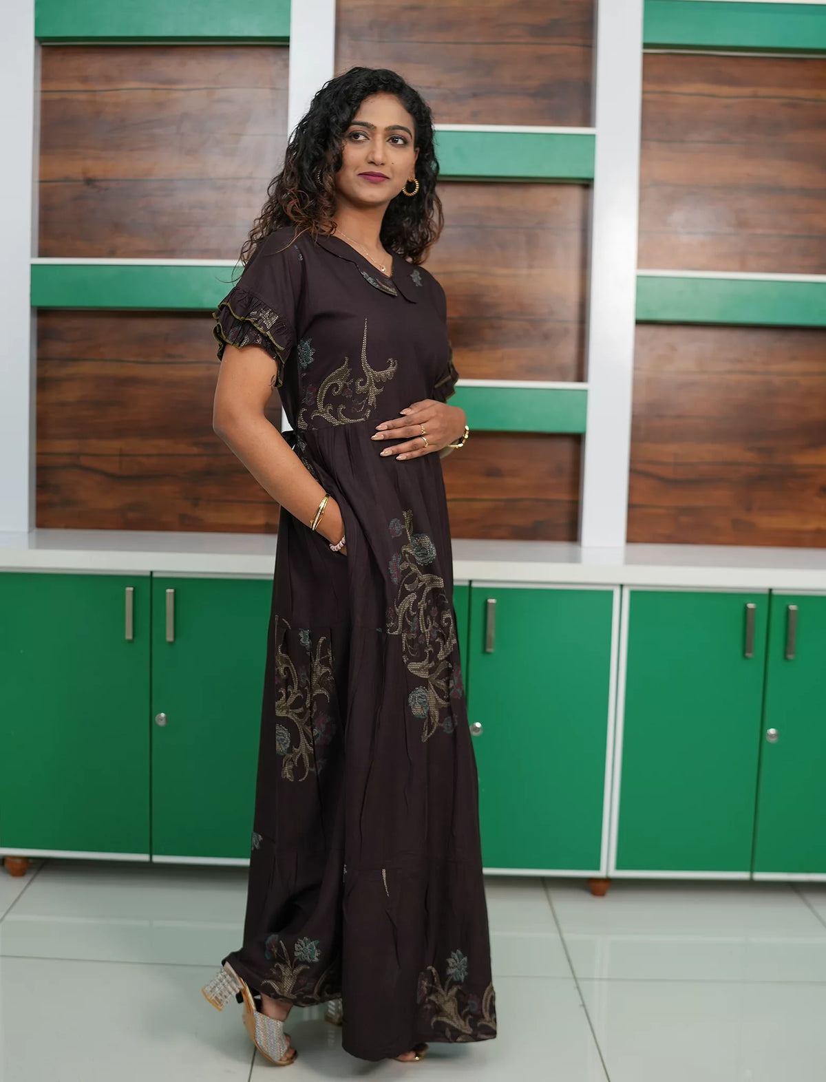 Casual Dark Brown Printed Long Frock with Butterfly Neck Side View - Mangai Nighties 