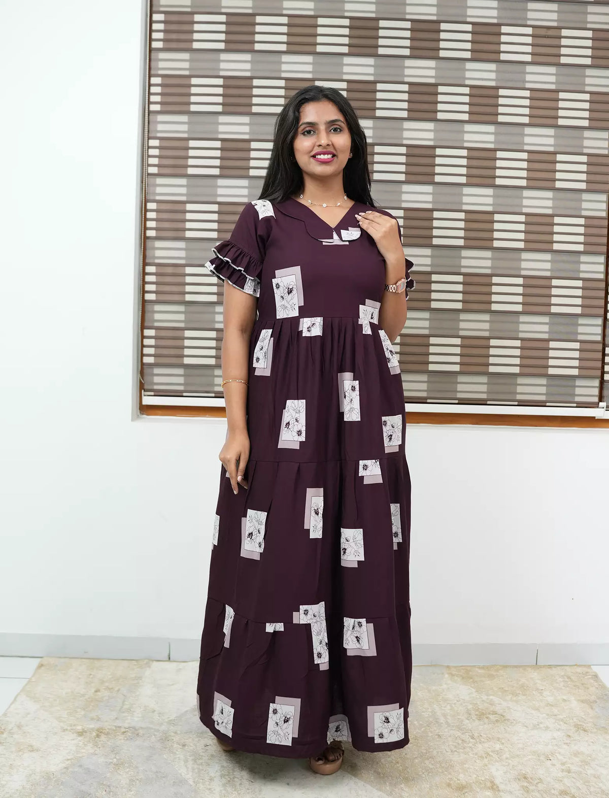 Casual Brown Printed Long Frock with Butterfly Neck Side View - Mangai Nighties 
