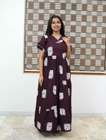 Casual Brown Printed Long Frock with Butterfly Neck Side View - Mangai Nighties 