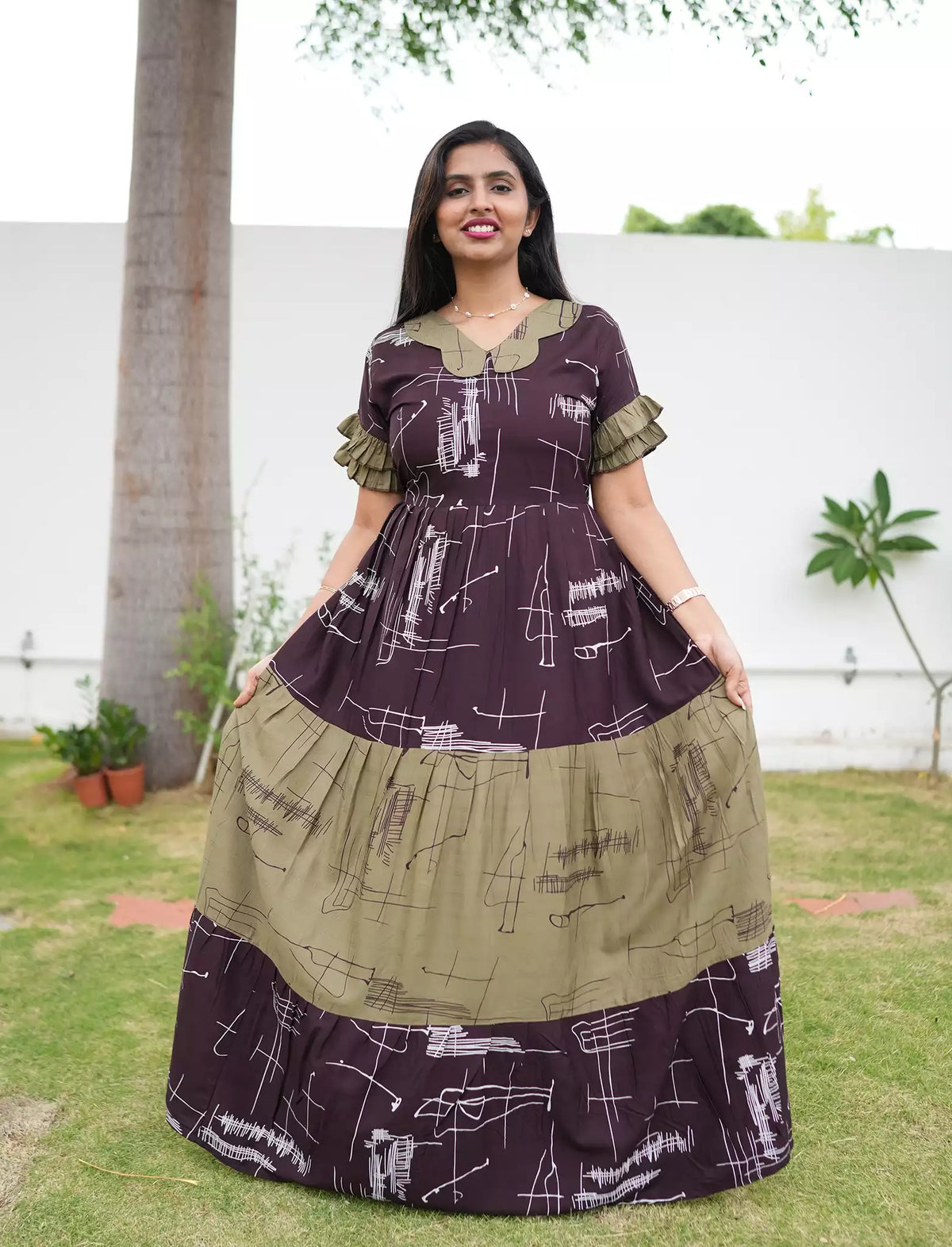 Coffee brown Printed Long Frock Frilled Sleeve Wear - Mangai Nighties 