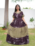 Coffee brown Printed Long Frock Frilled Sleeve Wear - Mangai Nighties 