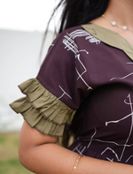 Rayon Coffee Brown Printed Long Frock Double Layer Frilled Sleeve Wear - Mangai Nighties 