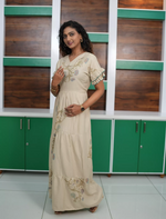 Cream Beige Printed Long Frock with Butterfly Neck Side View - Mangai Nighties 