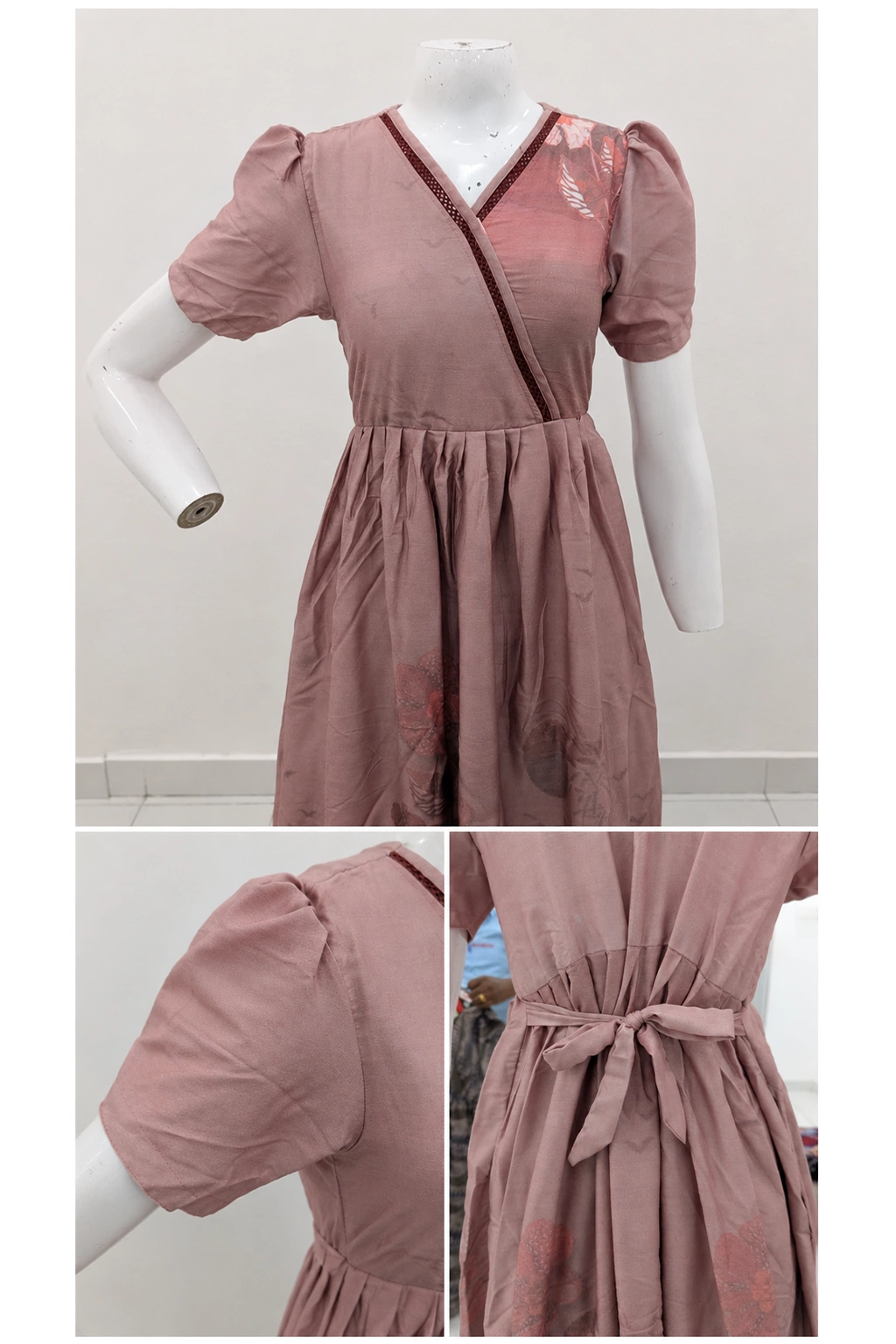 Rayon Floral Print Long Frock with Lace Neck | Mangai Nighties