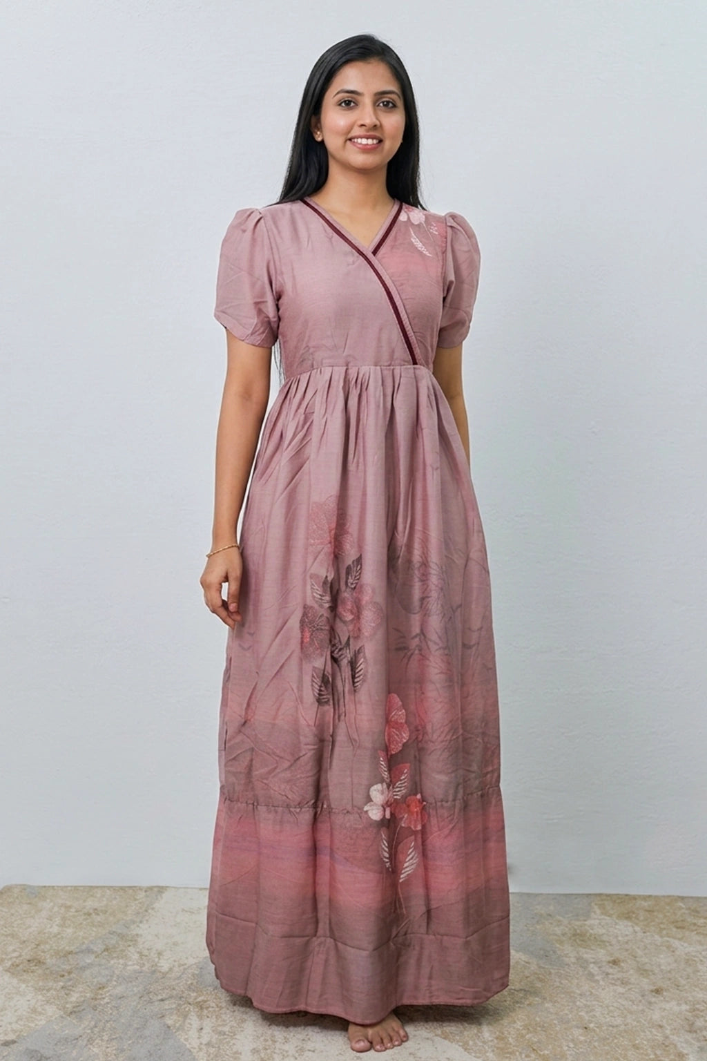 Rayon Floral Print Long Frock with Lace Neck | Mangai Nighties