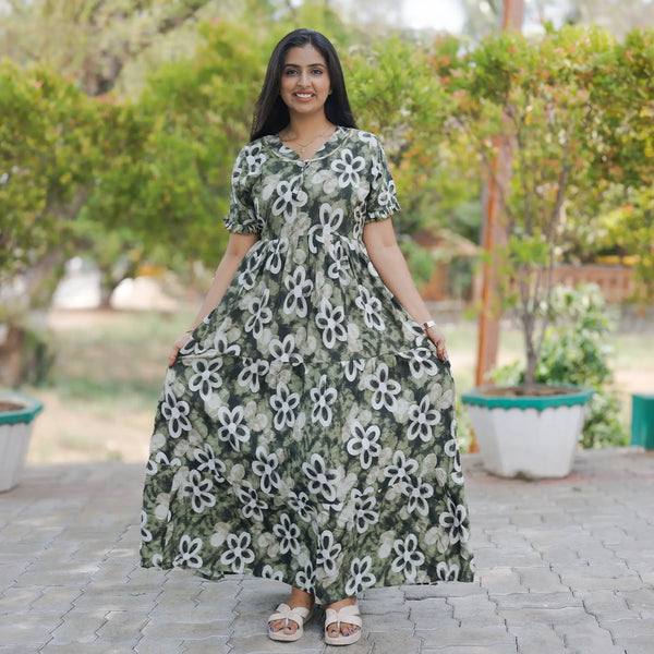 Rayon floral printed olive green Frock Mangai Nighties 