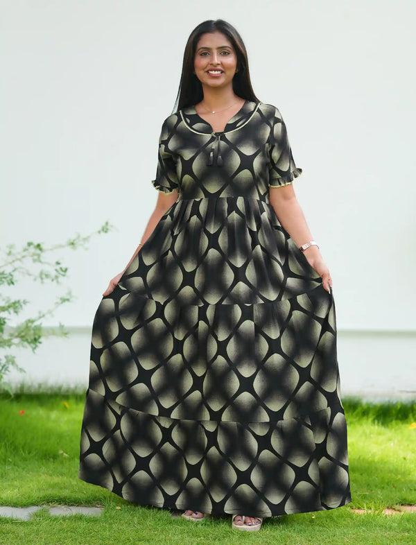 Green Rayon 3 Layer Long Frock with Back Tie & Pocket - Mangai Nighties 