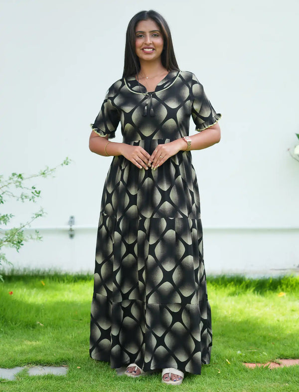 Green Rayon Flared Maxi Frock with Bow Neck  - Mangai Nighties 