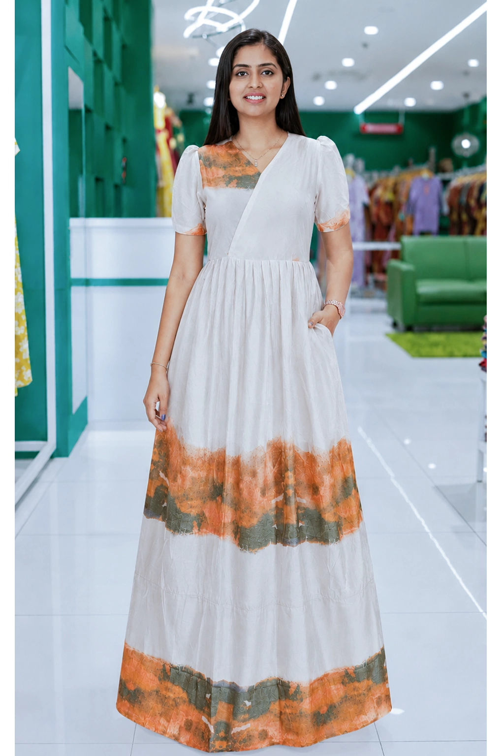 Rayon Sunset Abstract Print Long Frock with Puff Sleeve | Mangai Nighties