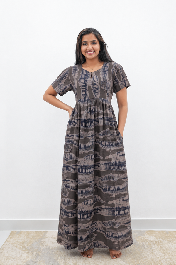 Rayon Abstract Print Long Frock with Back Tie | Mangai Nighties