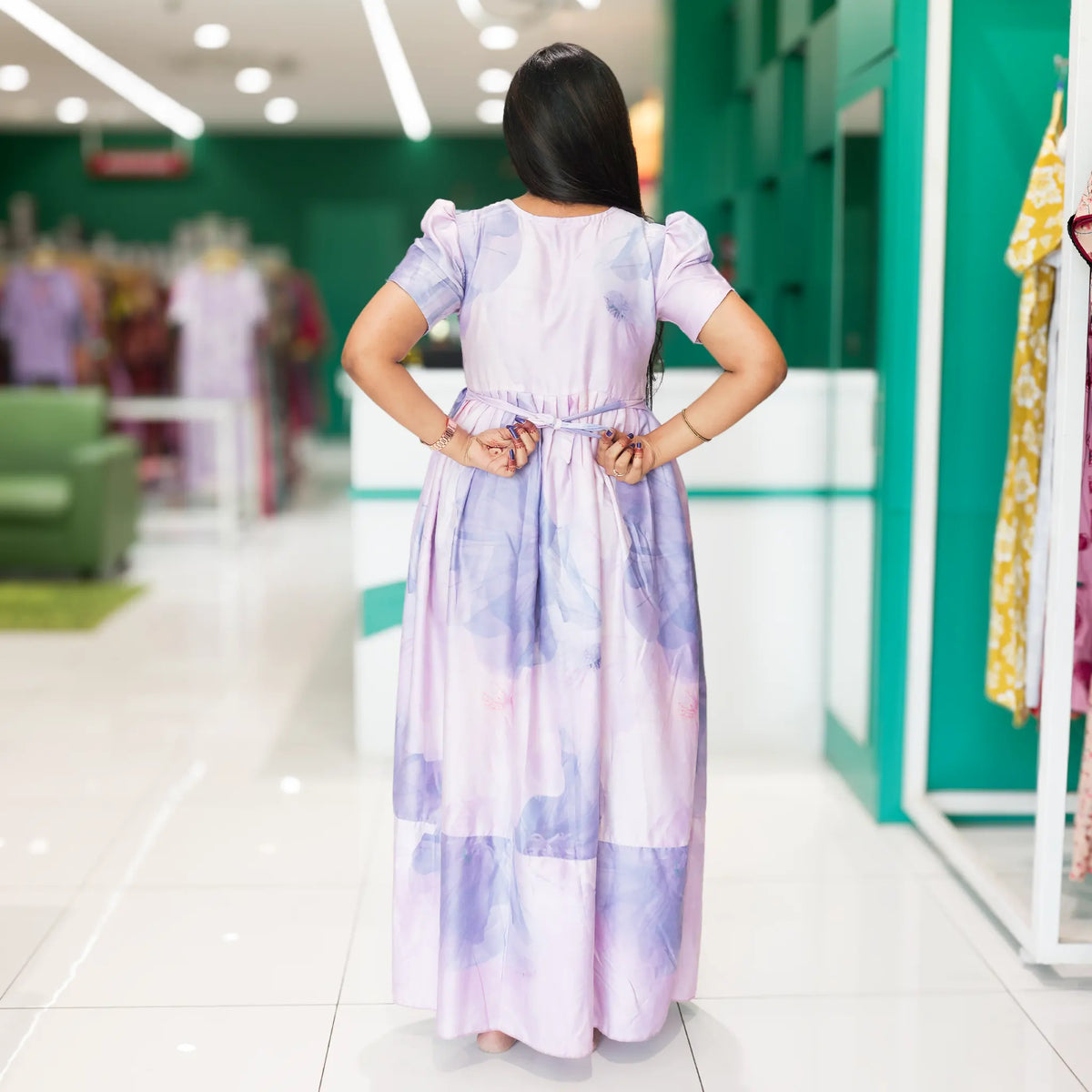 Printed lavender long frock with adjustable tie - Mangai Nighties 