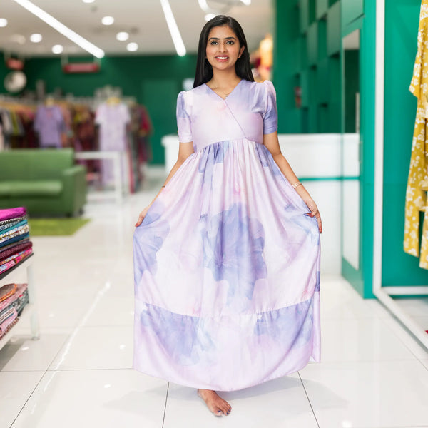 Lavender rayon long frock with pockets and puff sleeves for women - Mangai Nighties 