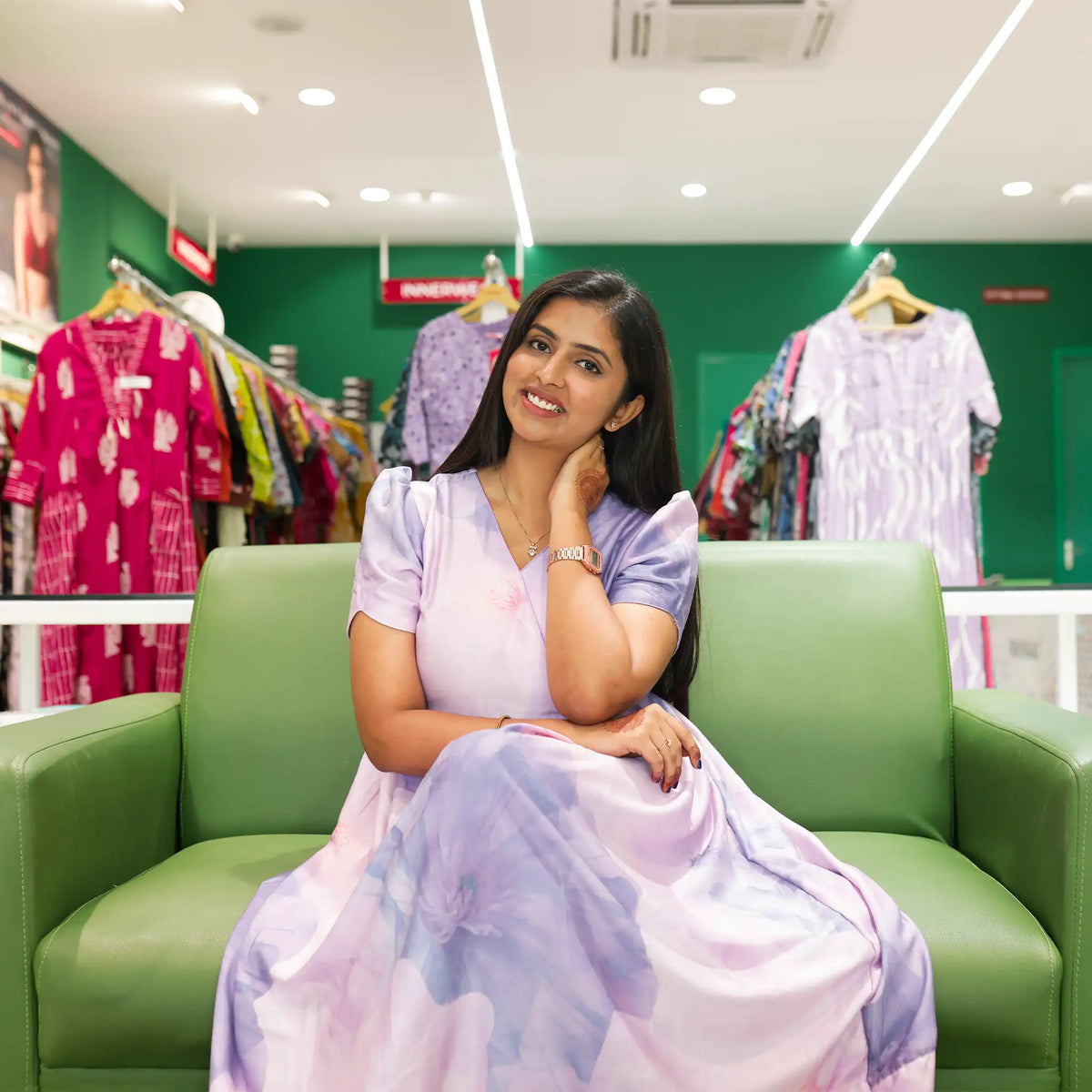 Lavender printed rayon frock with side pocket piping V Neckline - Mangai Nighties 