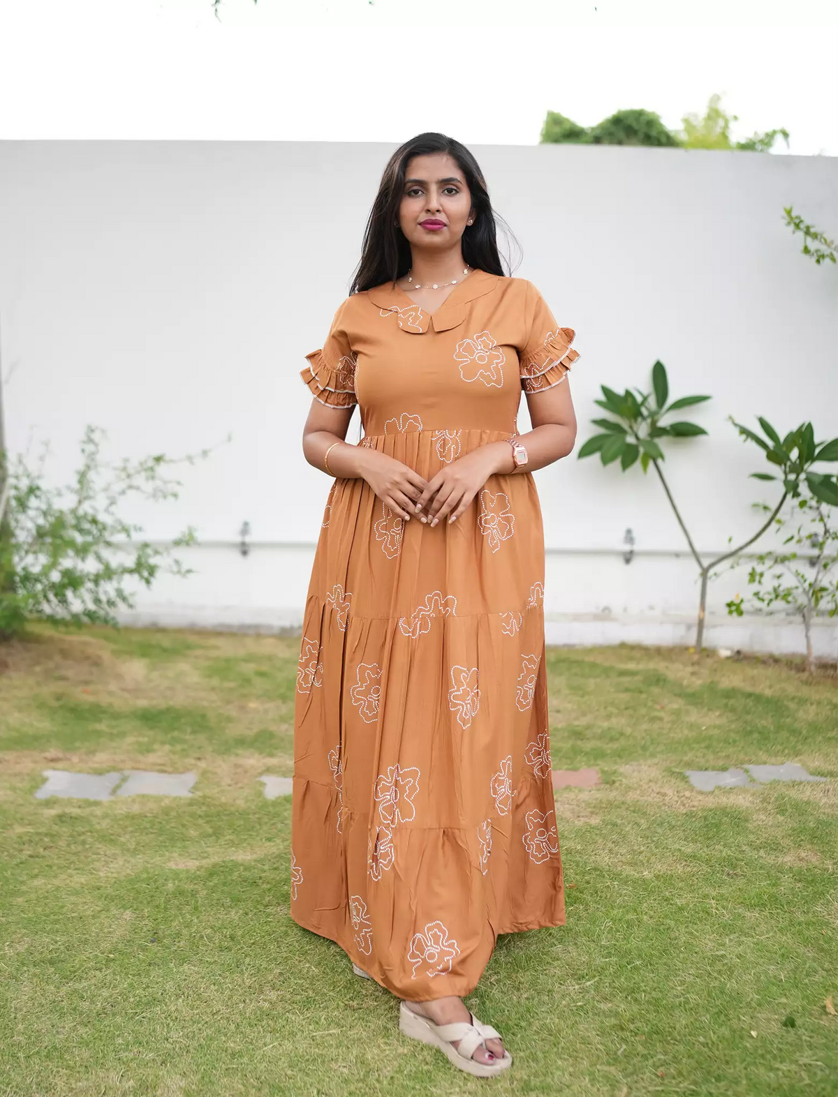 Casual Mustard Brown Printed Long Frock with Butterfly Neck full View - Mangai Nighties 