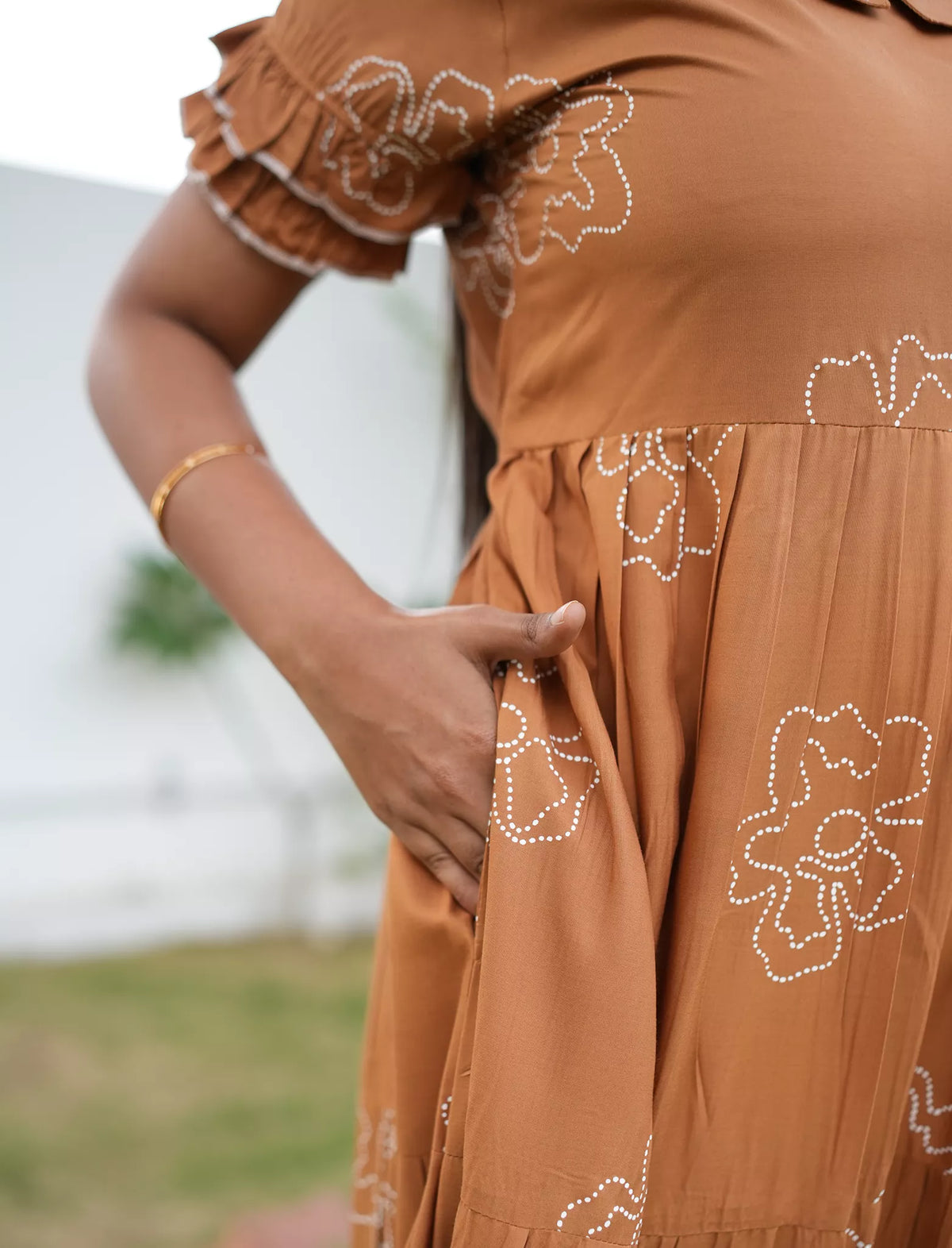 Mustard Brown Printed Rayon Maxi Frock with Side Pocket - Mangai Nighties