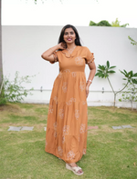 Casual Mustard Brown Printed Long Frock with Butterfly Neck Side View - Mangai Nighties 