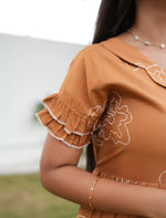 Mustard Brown abstract rayon dress double Layer Filled ruffle sleeves - Mangai Nighties 