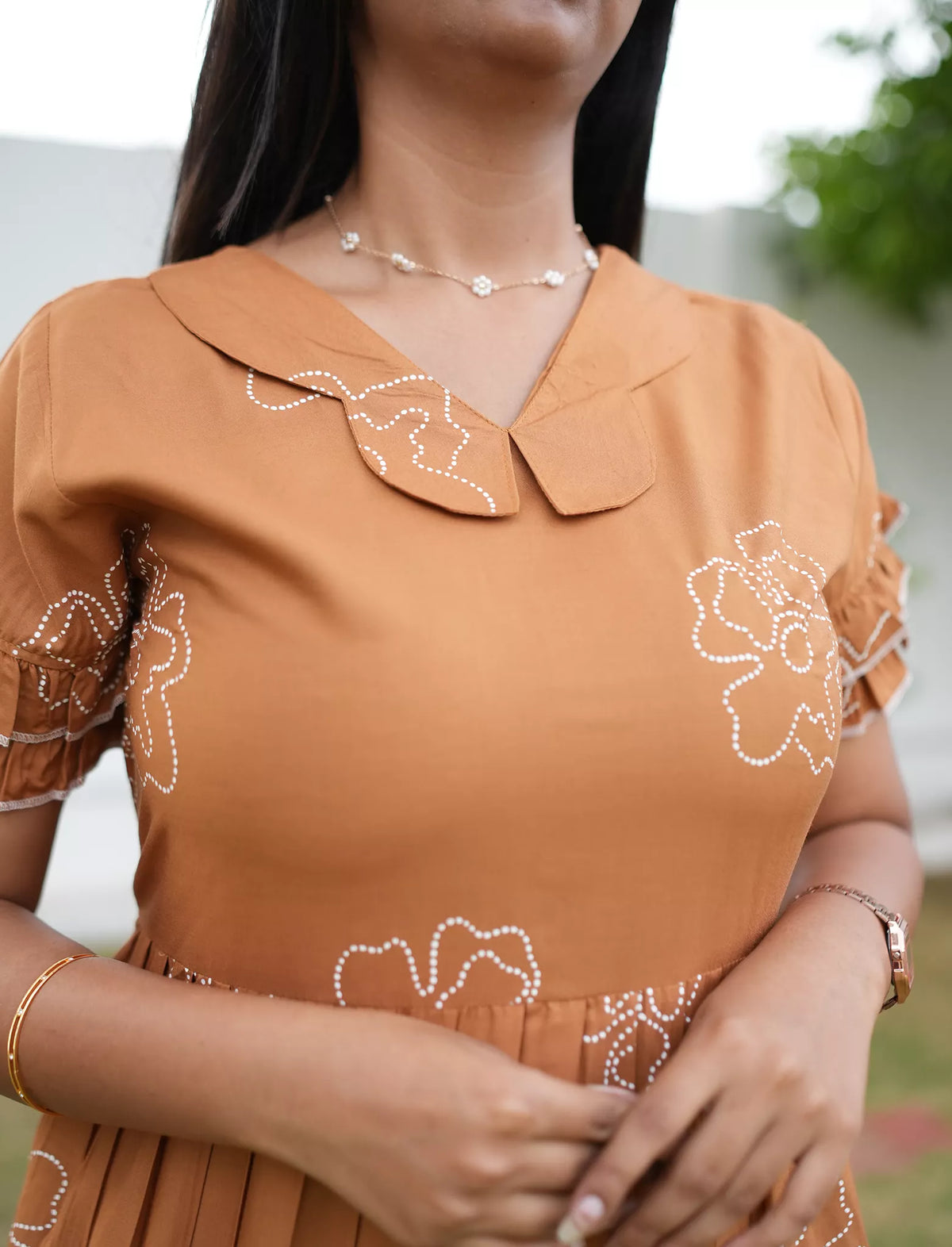 Butterfly Collar Mustard Brown Lounge Frock with Tie Back - Mangai Nighties