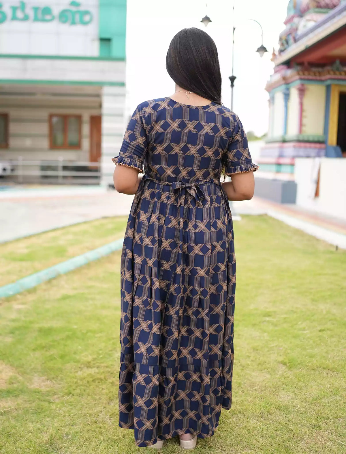 Navy Blue Rayon Maxi Frock Back Tie Rope Side Pocket - Mangai Nighties 