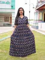 Navy Blue Rayon Long Frock Bow Neck & Tie Rope for Women - Mangai Nighties