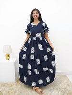Casual Beige Printed Long Frock with Butterfly Neck Flare View - Mangai Nighties 