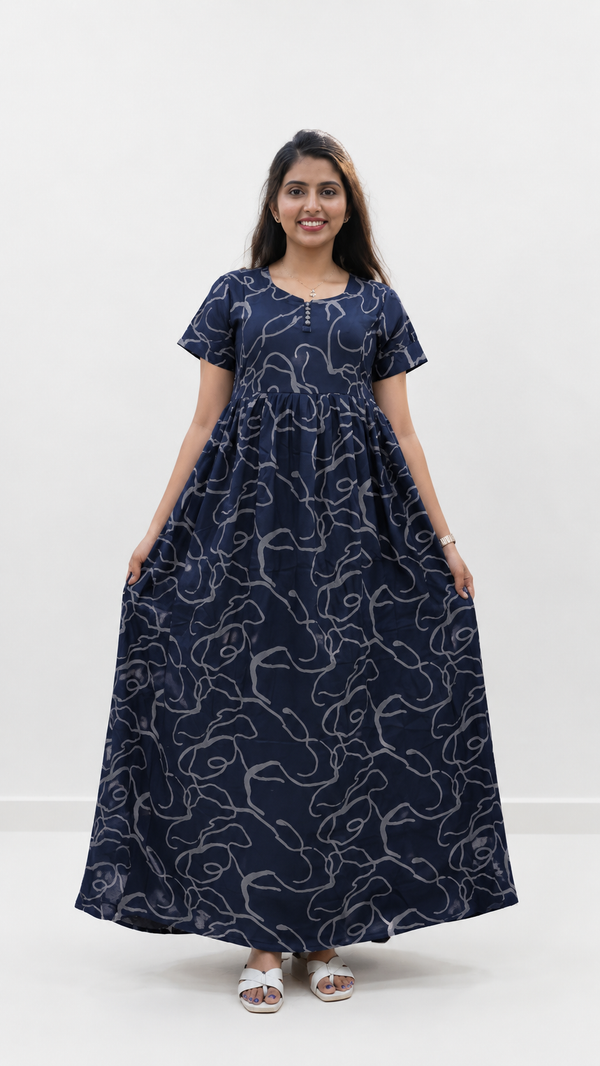 Rayon Abstract Print Long Frock with Pleated Sleeve  | Mangai Nighties