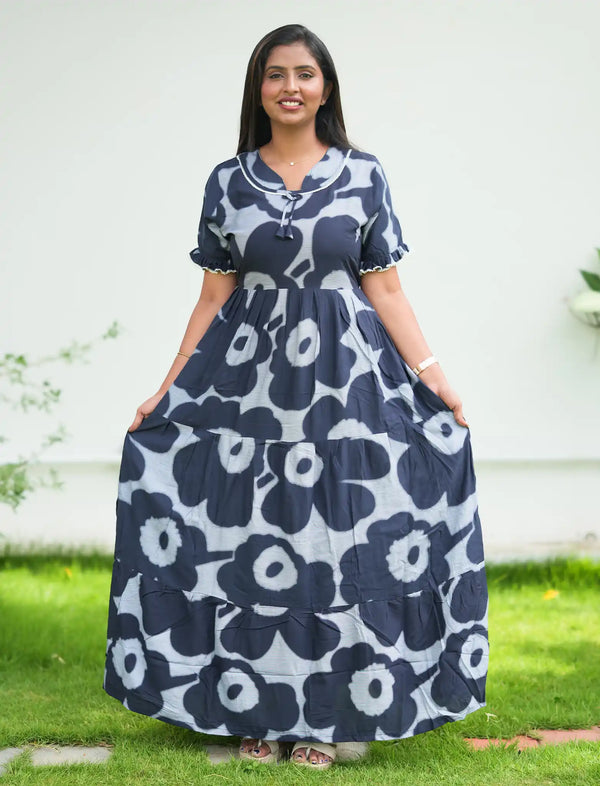 Dark Navy Geometric Print's Rayon Long Frock for Women - Mangai Nighties 